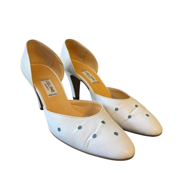 Vintage Celine Paris Size 8 White Pumps with Blue Polka Dots - Picture 1 of 8